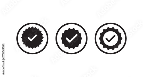  Tick verified badge icon set. Social media official account tick symbol,  check mark icon, Profile verified badge, Guaranteed signs, vector illustration eps 10.