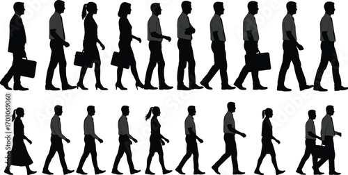 Silhouettes of business men and women walking with briefcases, professional attire, corporate lifestyle, teamwork, business commute, office workers, urban environment, isolated on white background.
