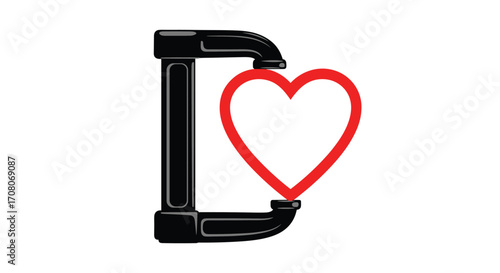 Clamp holding a red heart symbol.