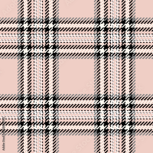 Detailed seamless plaid pattern. Classic tartan textile design in pink, black, and gray, excellent for fashion, backgrounds, and digital design projects.