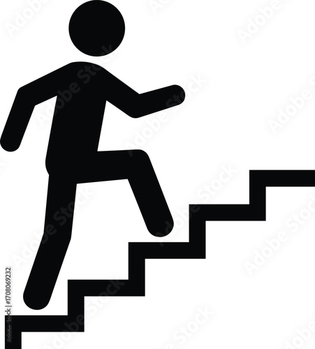 Black silhouette icon of a person climbing up a set of stairs on a white background Keywords: person climbing stairs, upward