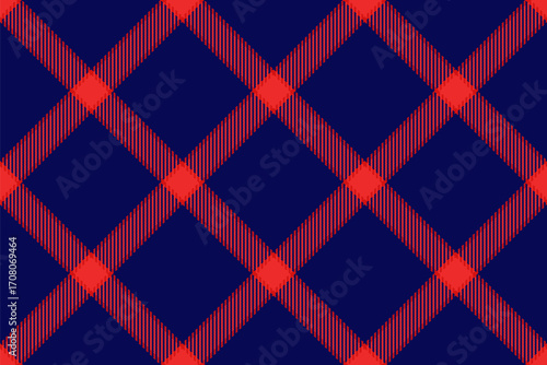 Model tartan plaid seamless, wide pattern check textile. Curve background fabric vector texture in red and blue colors.
