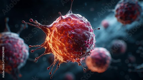 Highly detailed 3D rendering of a virus cell with glowing textures, floating in a dark environment, ideal for medical, scientific, or educational concepts.