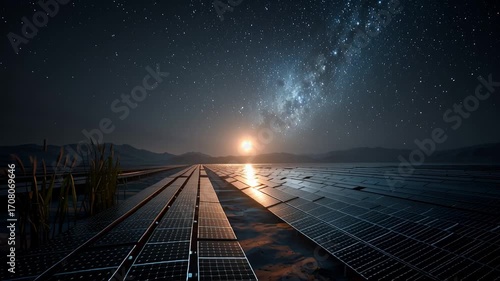 Wide field of solar panels reflecting starlight with a bright moonrise and galaxy above in a remote landscape at night.
