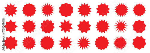 Set of red star burst shape tags for price. Circle sticker set. Wavy edge promo black badges. Blank sale stickers. Simple silhouette. Flat vintage labels isolated on transparent background.