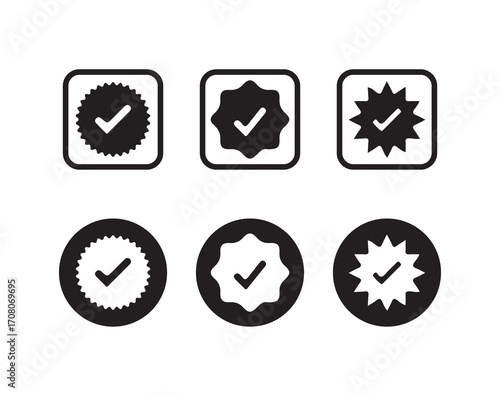  Tick verified badge icon set. Social media official account tick symbol,  check mark icon, Profile verified badge, Guaranteed signs, vector illustration eps 10.