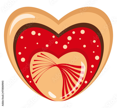 Homemade heart-shaped cookies with glossy marmalade surface. Vector sugar treat with decorative delicate sprinkles. Isolated tasty festive dessert for tea and coffee. Cafe, shop design.