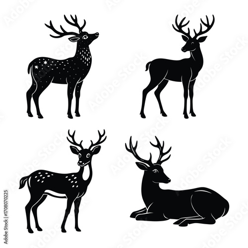 Vector silhouette illustration multiple deer silhouettes in various poses black silhouettes of wild deer's – male, female and roe deer Deer Running And Jumping Illustration
