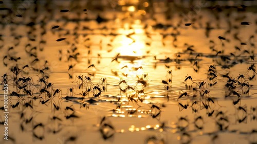 clouds of mosquitoes rising like smoke, silhouetted against golden light, spreading across stagnant waters