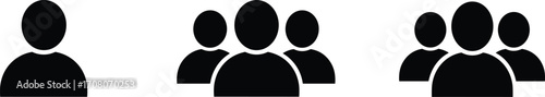 Black silhouette icons of one person and two groups of people on a white background Keywords: people, group, crowd, icon, symbol