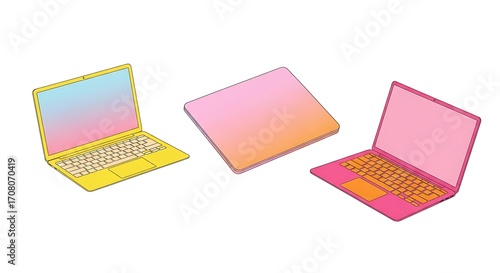 Colorful Laptops in a Row with Gradient Screens and Unique Color Schemes