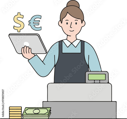 A happy cashier is standing behind a counter with a cash register. They are holding a tablet with a dollar sign ($) and a euro sign (€) floating above it, indicating currency exchange or payments. On 
