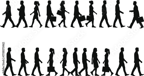 Silhouettes of business men and women walking with briefcases, professional office workers, corporate team commuting, urban business people, formal attire, isolated on white background.