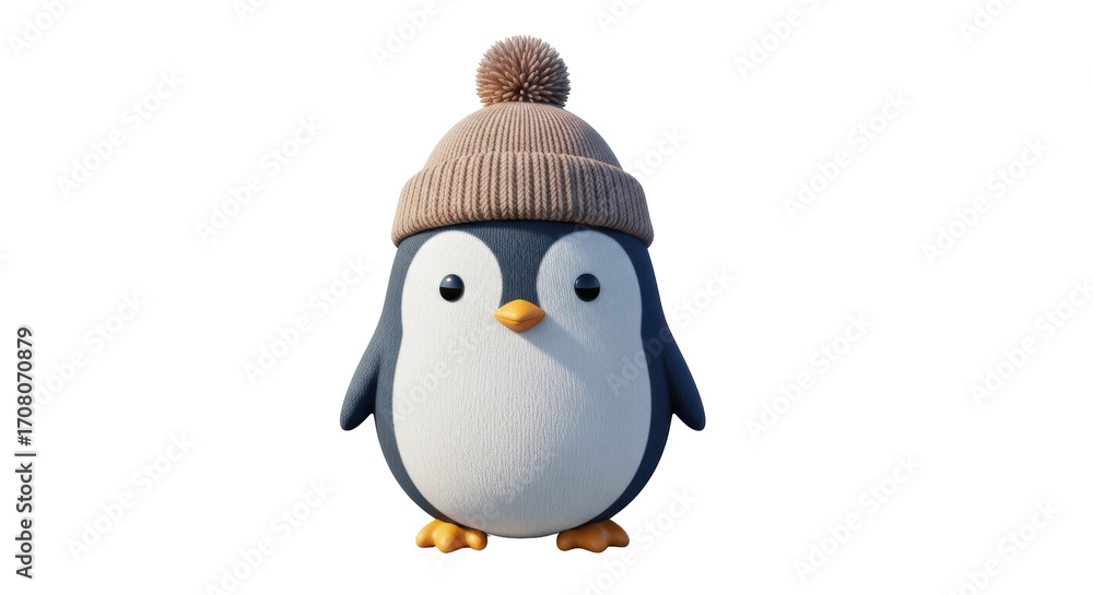 Obraz premium Isolated cute cartoon penguin wearing winter hat with pompom, animal mascot, adorable character