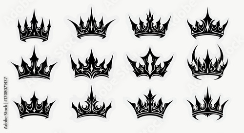 Collection of twelve stylized black crowns, each with intricate details and sharp points, isolated on a, representing royalty, power, and luxury