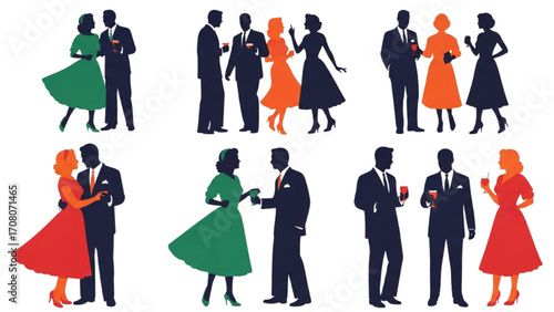 Vector Illustration of People Silhouettes in 1950s Fashion Party Outfits AI EPS PNG