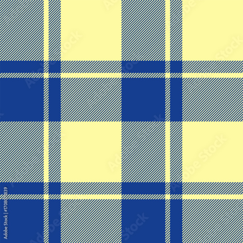 Cutout texture seamless plaid, grungy fabric vector pattern. Packing textile background tartan check in yellow and blue colors.