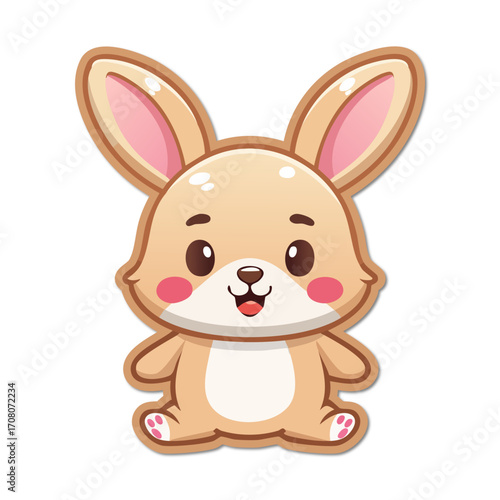 Cute bunny smiling sweetly with rosy cheeks and big ears, sitting patiently on a white surface, radiating joy and innocence.