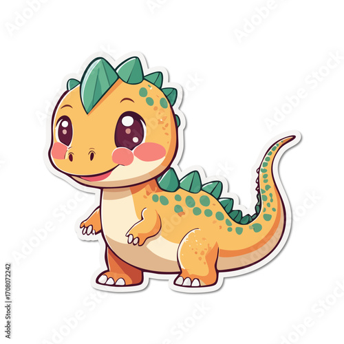 Cute baby dinosaur standing playfully on white surface, showcasing its adorable features and vibrant colors in a cheerful and whimsical style.