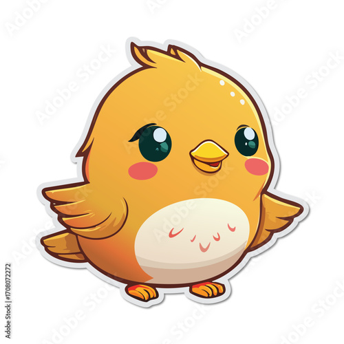 Cute yellow chick stands cheerfully with rosy cheeks and big green eyes on a white surface, radiating innocence and playful charm.