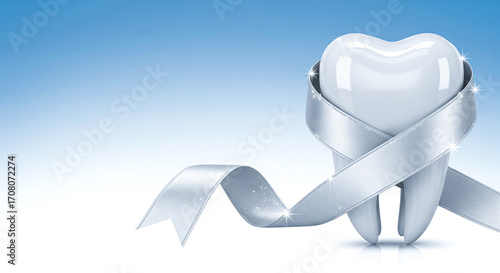 A healthy white tooth wrapped in a sparkling silver ribbon. Concept for premium dental care, quality treatment, and celebration. 3D illustration.