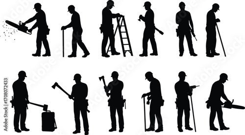 Silhouettes of construction workers using chainsaw, axe, drill, and tools while performing manual labor and repair tasks at worksite