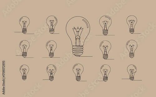 Collection of hand drawn light bulb illustrations on kraft paper background