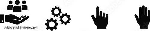 Collection of four black icons representing people, gears, and hands on a white background Keywords: icon, people, group