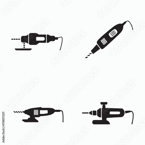 Solid rotary dremel tool icons set