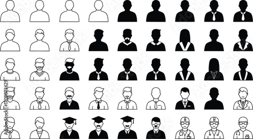 Diverse Collection Of Human Head Icons With Varying Styles And Professions silhouette avatar