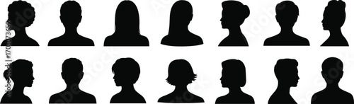 Diverse Black Silhouette Profiles of Human Heads and Hairstyles on White Background woman