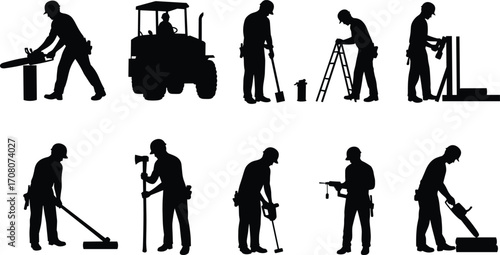 Silhouettes of construction workers using tools like chainsaw, tractor, hammer, drill, and ladder in various worksite activities vector