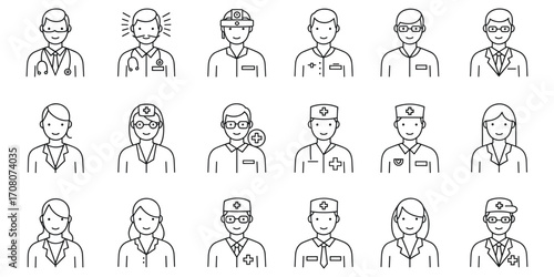 Diverse Medical Professionals Line Art Icons Set doctor nurse