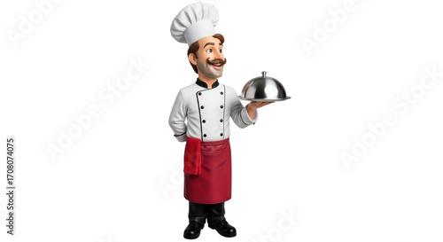 Isolated Chef character holding a serving platter with a dome lid in formal kitchen uniform