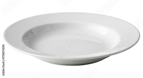 Photos Isolated white ceramic soup plate, elegant shallow bowl, blank dish for fine din