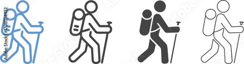 Four stylized icons of a hiker with a backpack and trekking pole in different styles Keywords: hiker, trekking, hiking, backpack