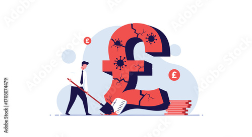 Man digging out of financial crisis with pound symbol.