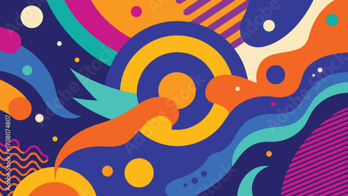 Abstract Colorful Fluid Shapes and Geometric Elements on Dark Blue Background vector illustration