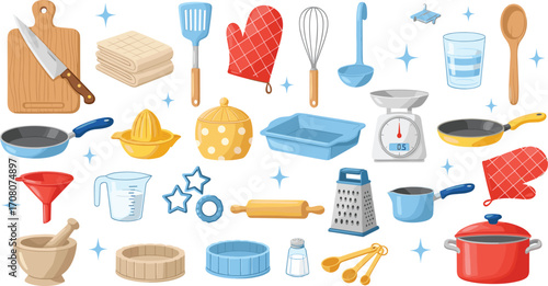 A vibrant collection of kitchen utensils, baking tools, and cookware for culinary adventures