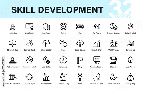 Skill Development Professional Line Icon Pack with Modern Minimal Vector Style for Personal Growth, Knowledge Building, Success, and Career Advancement Themes