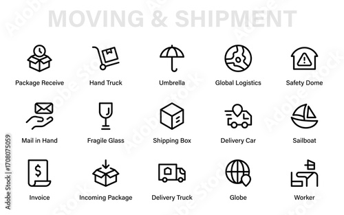 Moving and shipment Professional Line Icon Collection – Modern Minimal Vector Pack with Unique and Creative Symbols for Logistics and Delivery
