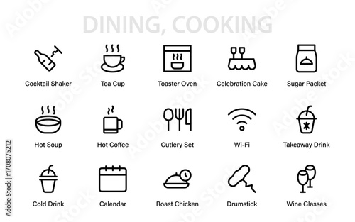Dining, Cooking Professional Line Icon Pack, Modern Outline Vector Collection of Chef, Meal, Beverage, and Culinary Symbol Graphics