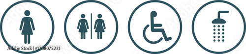 Icons for female disabled and shower facilities with a unisex restroom symbol sign