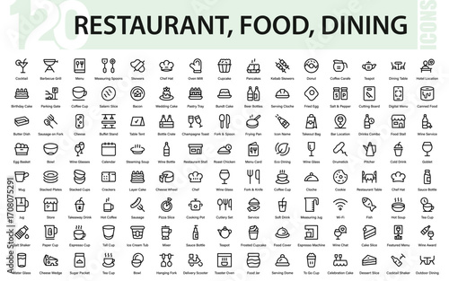 Restaurant, food, dining Professional Line Icon Set, Modern Minimal Vector Outline Collection of Cooking, Dining, Kitchen, Menu, and Culinary Elements