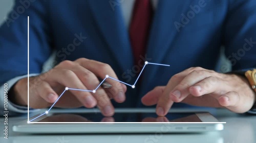 Businessman working at desk with digital tablet, stock market growth chart in foreground, illustrating finance, trading, digital design, business planning, and investment success.