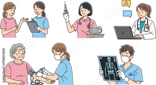 A diverse collection of medical illustrations showing doctors and nurses providing healthcare services like online consultations, vaccinations, and elderly patient care