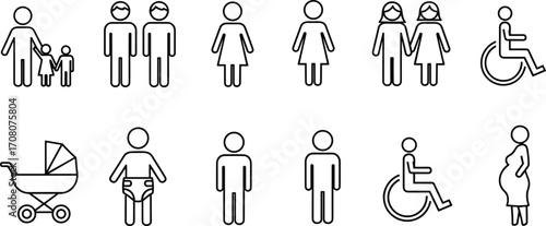 Line Art Icons Representing People and Family Groups Keywords: icons, line art, people, family, baby, stroller, pregnant, woman