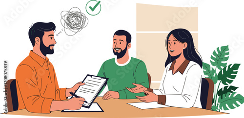 Professional consultant helps a couple find clarity and solutions during a therapy or advisory session, simplifying complex problems