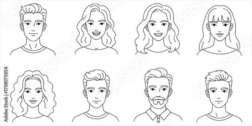 Line art portraits of eight diverse men and women with various hairstyles Keywords: people, portraits, men, women, faces