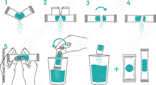 An instructional infographic guide illustrating the simple steps to open and use a single-serving powder stick pack for mixing a health supplement drink